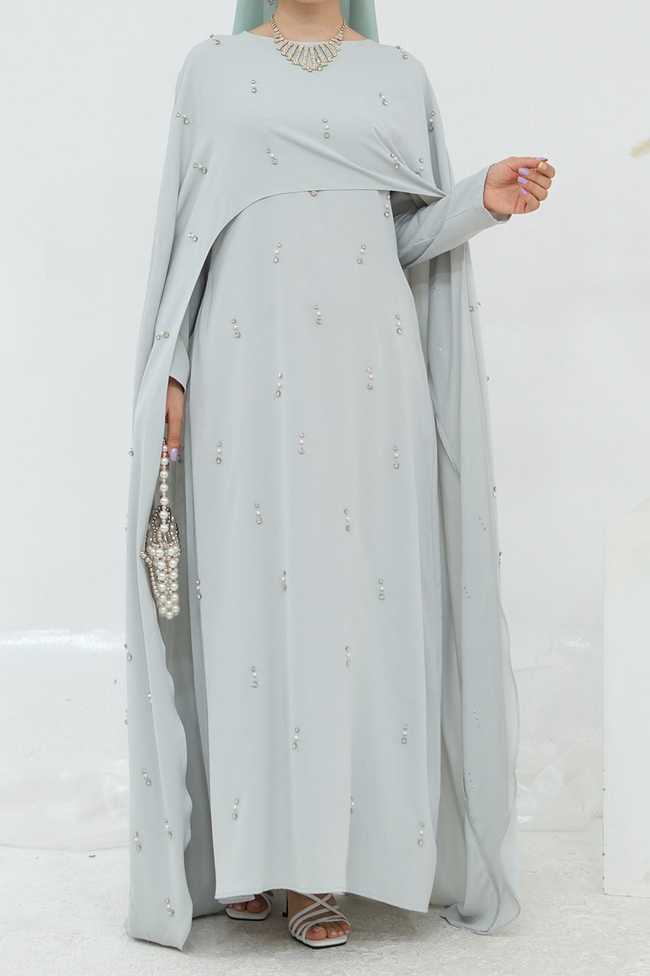 Aureya Solid Crystal-Embellished Faux Two-Piece Abaya 997 – Light Grey
