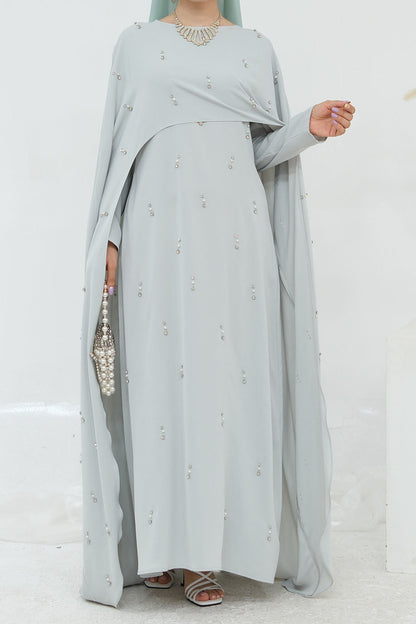 Aureya Solid Crystal-Embellished Faux Two-Piece Abaya 997 – Light Grey