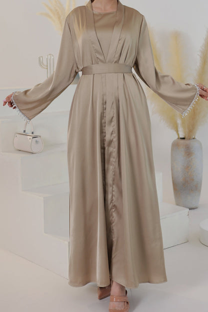 Luna 2PCS Crystal Beads Sleeves Satin Abaya Set with Crystal Chain - Khaki