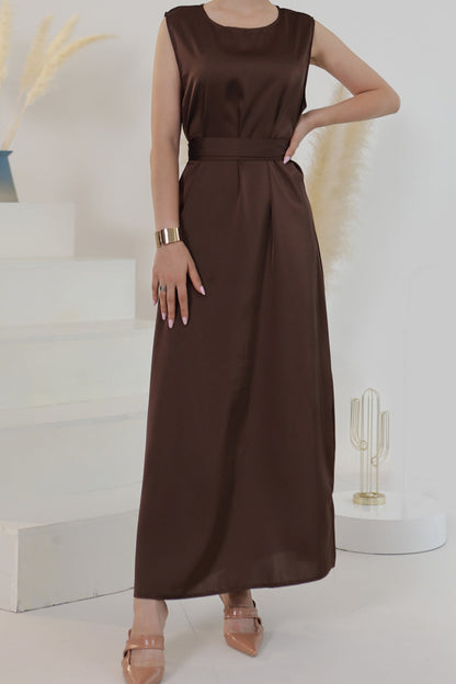 Luna 2PCS Crystal Beads Sleeves Satin Abaya Set with Crystal Chain - Coffee
