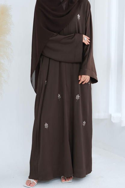 Coral Beaded-Motif Tie-Belt Open Abaya 829 – Coffee Brown