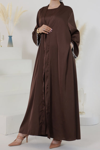 Luna 2PCS Crystal Beads Sleeves Satin Abaya Set with Crystal Chain - Coffee