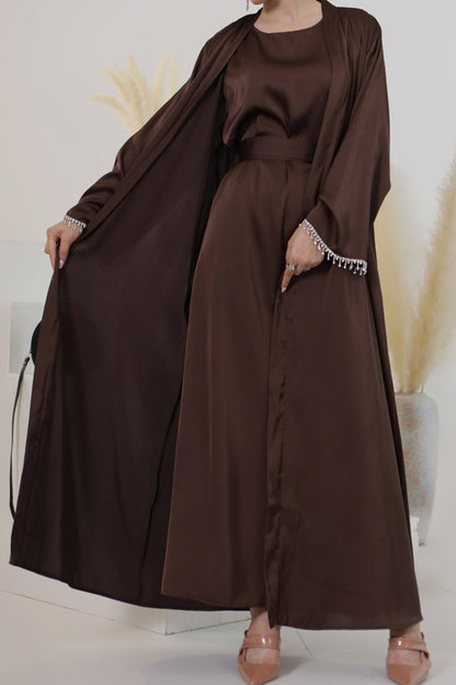 Luna 2PCS Crystal Beads Sleeves Satin Abaya Set with Crystal Chain - Coffee