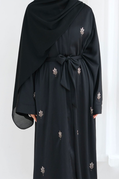 Coral Beaded-Motif Tie-Belt Open Abaya 829 – Black