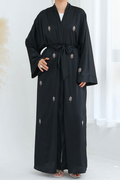 Coral Beaded-Motif Tie-Belt Open Abaya 829 – Black