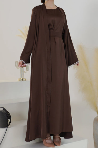 Luna 2PCS Crystal Beads Sleeves Satin Abaya Set with Crystal Chain - Coffee