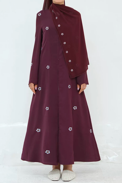 Goldfiligree Floral-Embroidered Open Abaya 1027 – Burgundy