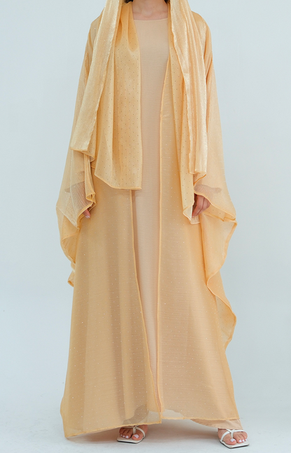 Luminous Sparkle-Drape Elegant Open Abaya 1026 – Khaki