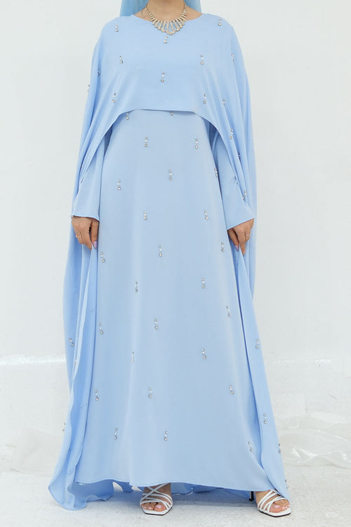 Aureya Solid Crystal-Embellished Faux Two-Piece Abaya 997 – Blue