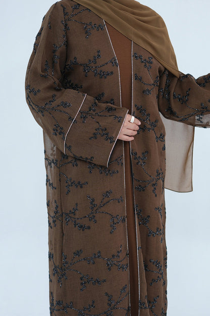 Meadowe Full Embroidered Mesh Open Abaya 1075 – Brown