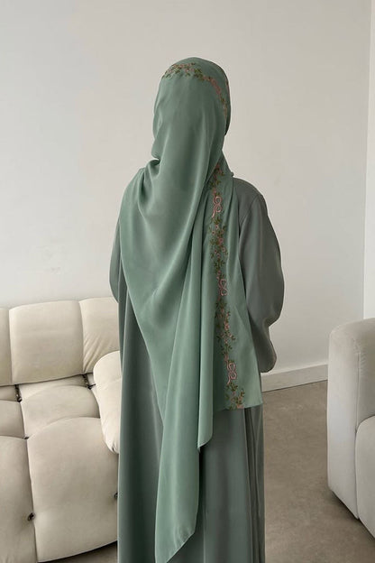 Aurora Floral-Embroidered Elegant Open Abaya 1068 – Green