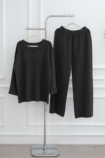 Terra Keyhole V-Neck Thick-Knit Two-Piece Modest Set WDM006 – Gray