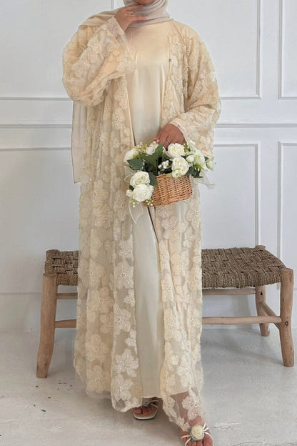 Auralis 3D Floral Beaded Mesh Open Abaya 1069 – Apricot