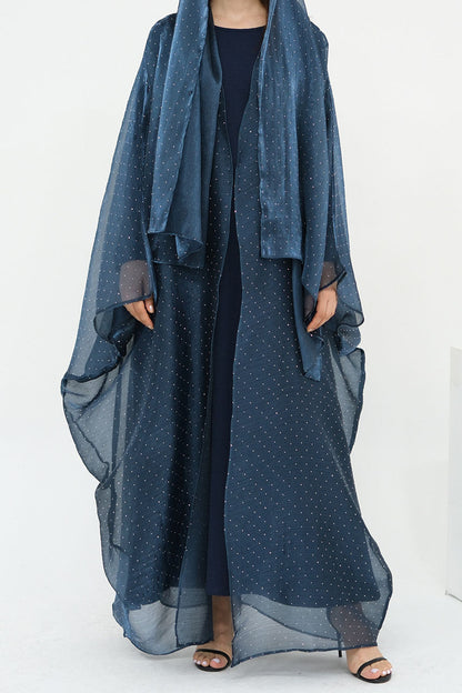 Luminous Sparkle-Drape Elegant Open Abaya 1026 – Navy Blue