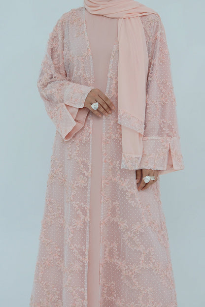 Vionne 3D Floral Mesh Open Abaya 1074 – Pink