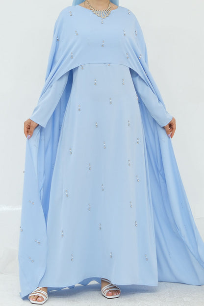 Aureya Solid Crystal-Embellished Faux Two-Piece Abaya 997 – Blue