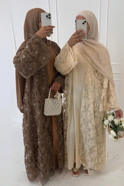 Auralis 3D Floral Beaded Mesh Open Abaya 1069 – Apricot