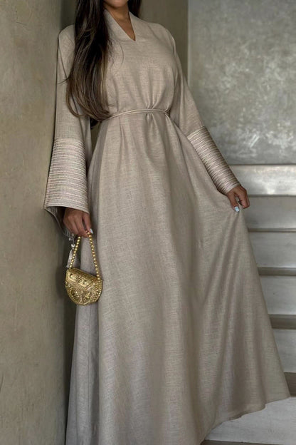 Eloria V-Neck Embroidered Elegant Abaya Dress 813 –  Grey