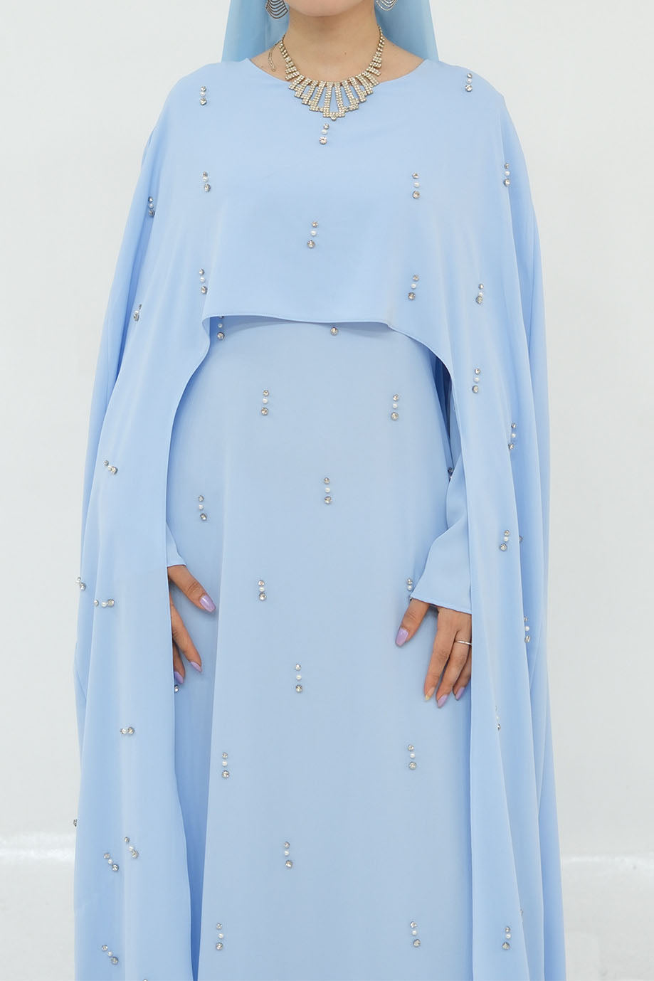 Aureya Solid Crystal-Embellished Faux Two-Piece Abaya 997 – Blue