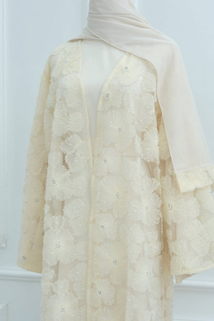 Auralis 3D Floral Beaded Mesh Open Abaya 1069 – Apricot