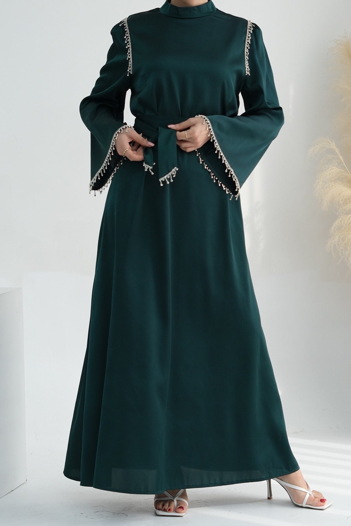 Yalina Crystal Beads Sleeves and Stand-up Collar Maxi Dress Abaya with belt 710 - Dark Green