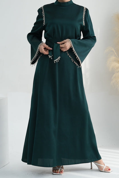 Yalina Crystal Beads Sleeves and Stand-up Collar Maxi Dress Abaya with belt 710 - Dark Green