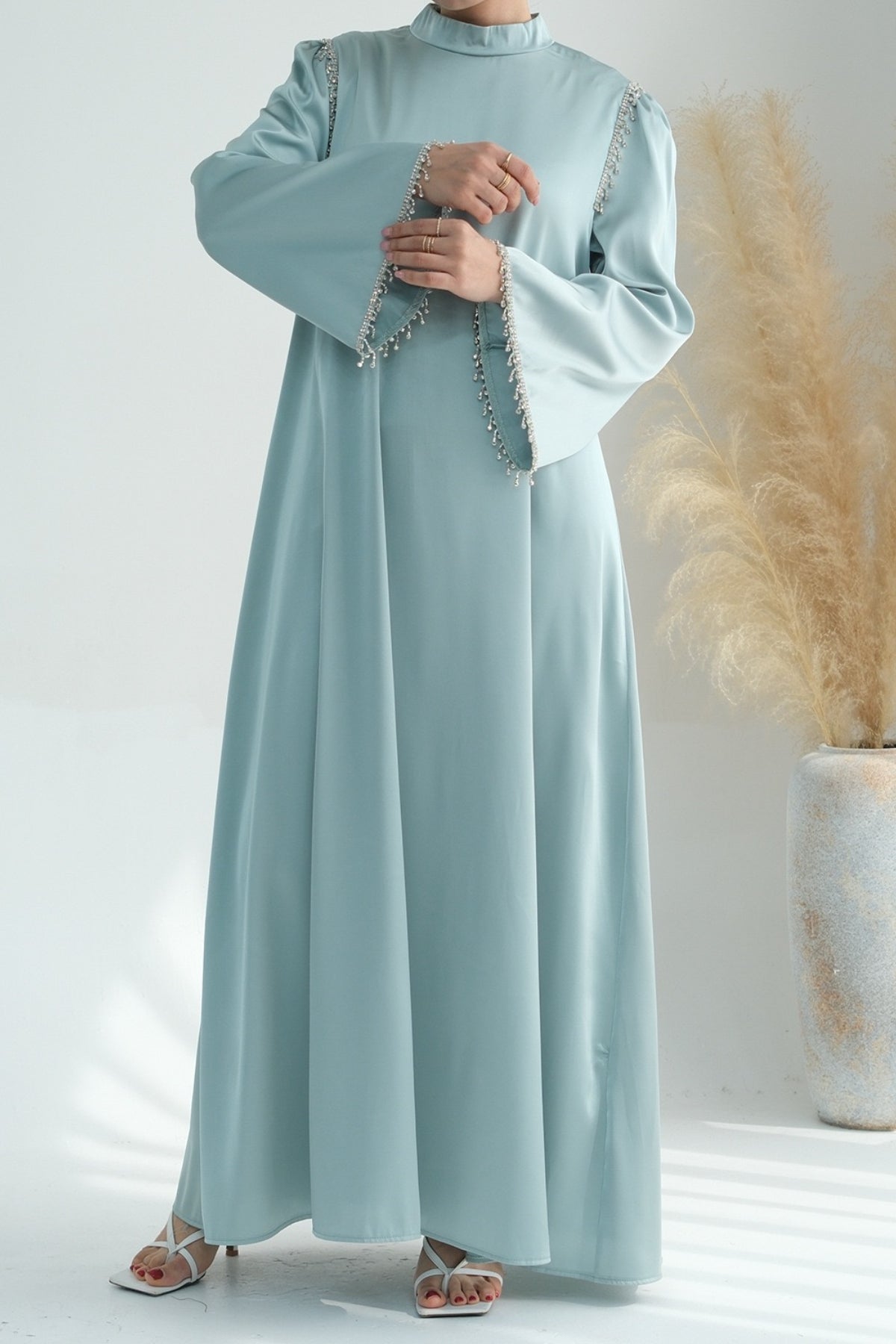 Yalina Crystal Beads Sleeves and Stand-up Collar Maxi Dress Abaya with belt 710 - Light Green