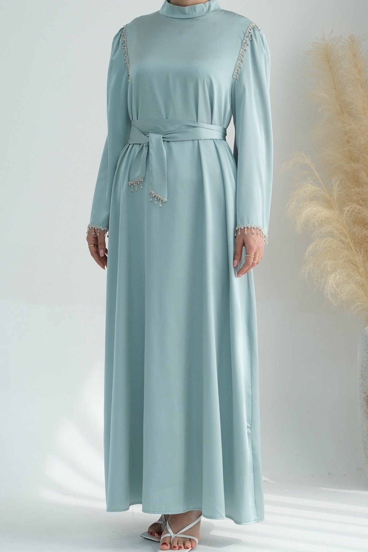 Yalina Crystal Beads Sleeves and Stand-up Collar Maxi Dress Abaya with belt 710 - Light Green