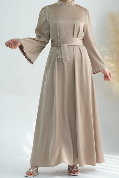 Yalina Crystal Beads Sleeves and Stand-up Collar Maxi Dress Abaya with belt 710 - Khaki