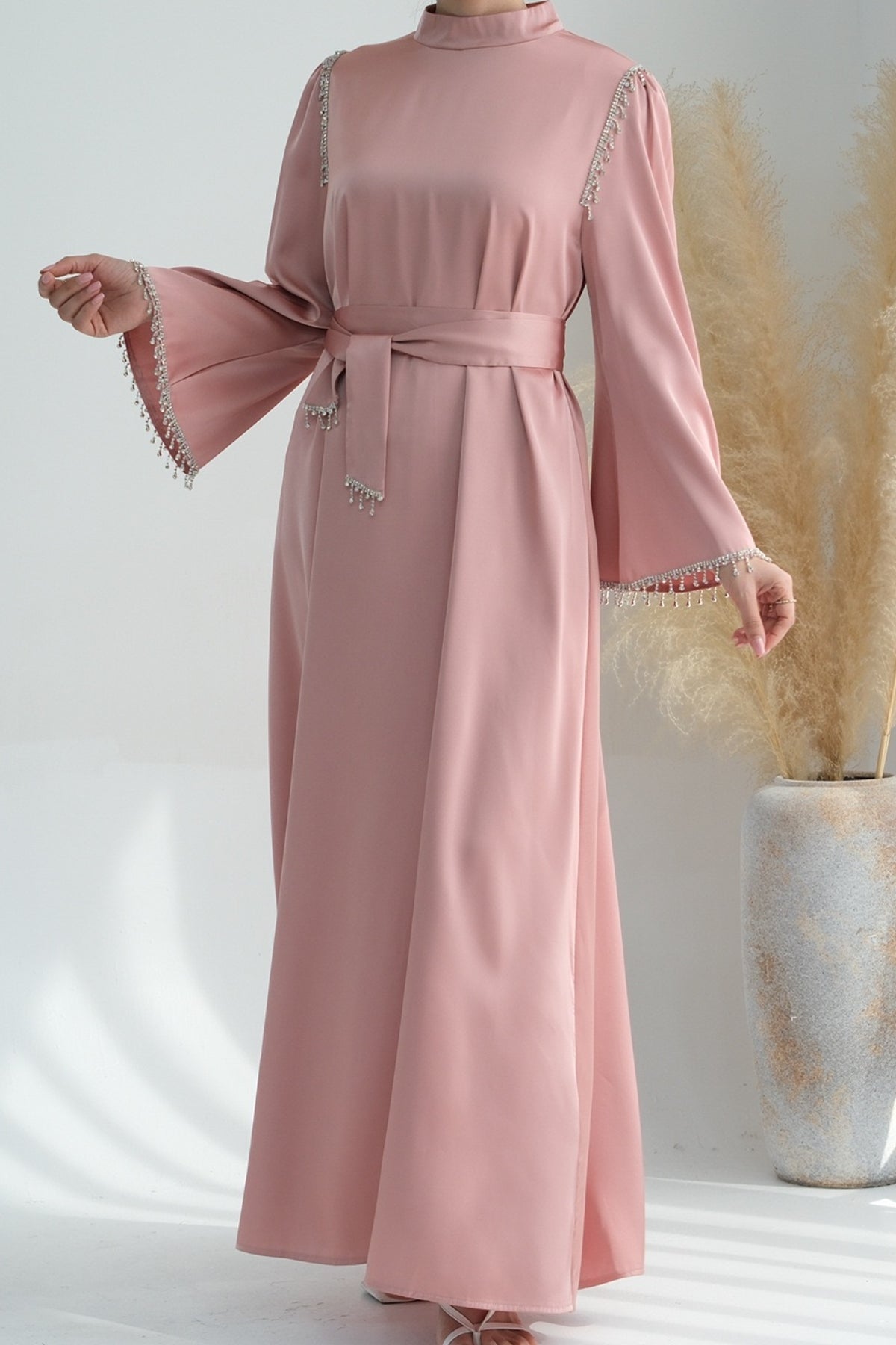 Yalina Crystal Beads Sleeves and Stand-up Collar Maxi Dress Abaya with belt 710 - Pink