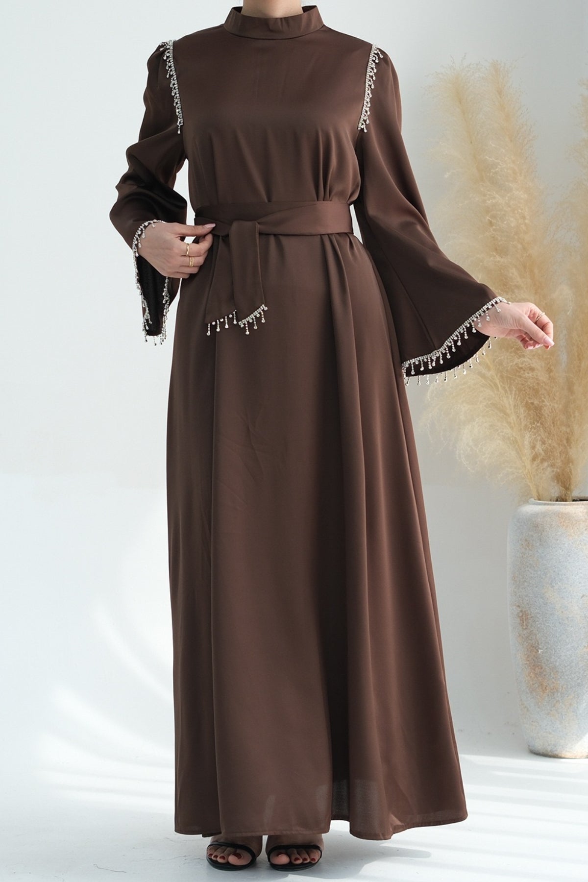 Yalina Crystal Beads Sleeves and Stand-up Collar Maxi Dress Abaya with belt 710 - Coffee