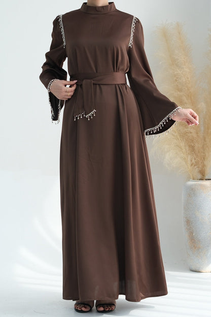 Yalina Crystal Beads Sleeves and Stand-up Collar Maxi Dress Abaya with belt 710 - Coffee
