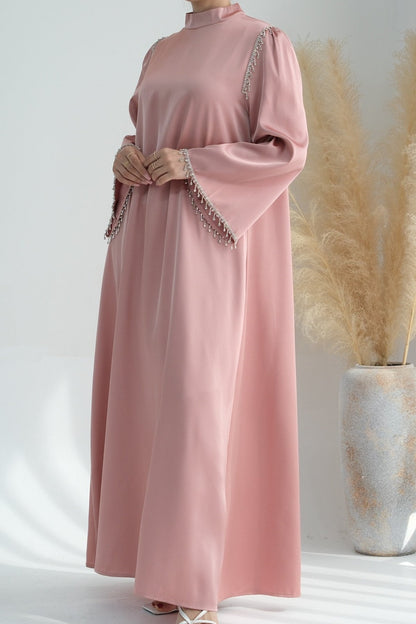 Yalina Crystal Beads Sleeves and Stand-up Collar Maxi Dress Abaya with belt 710 - Pink