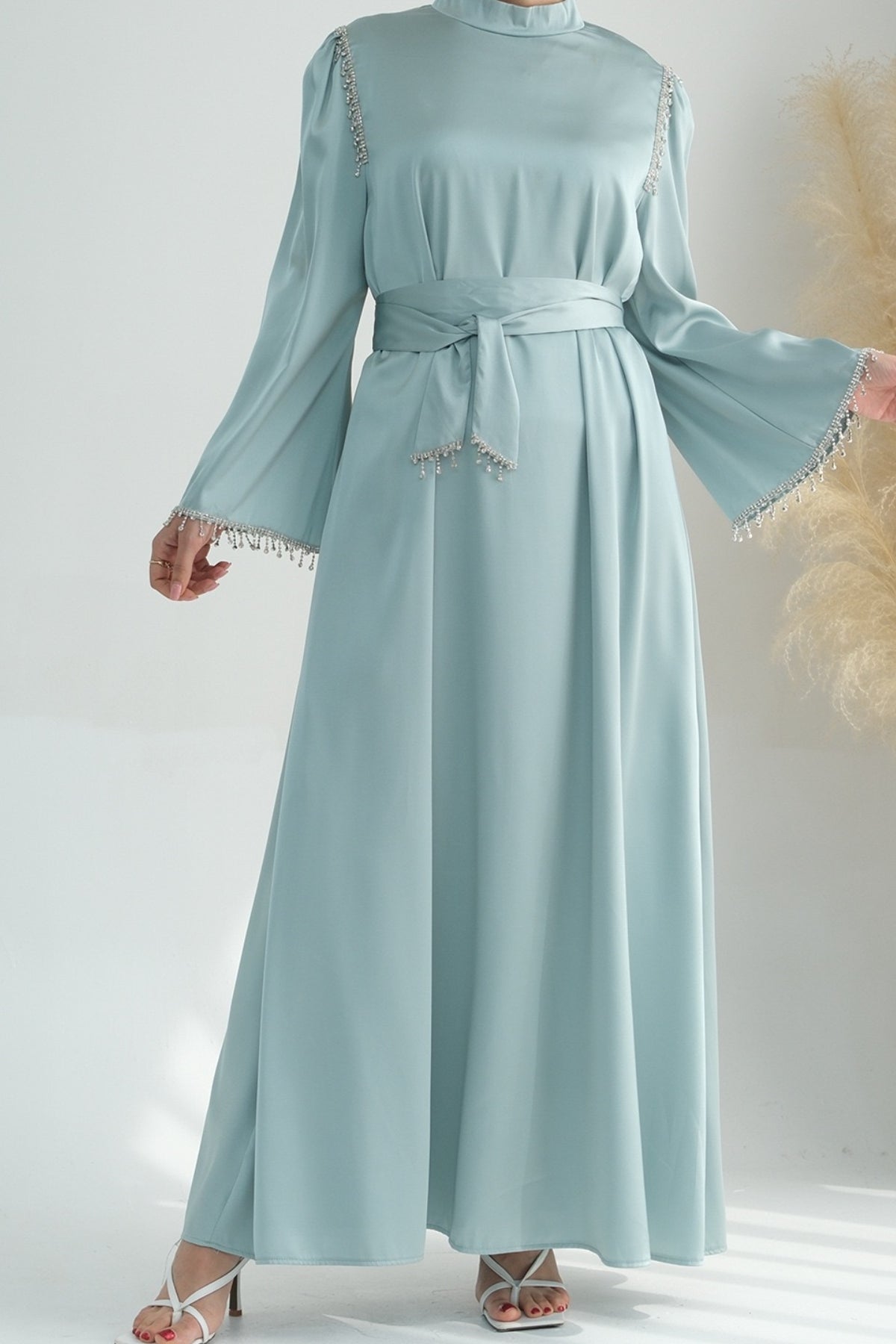 Yalina Crystal Beads Sleeves and Stand-up Collar Maxi Dress Abaya with belt 710 - Light Green