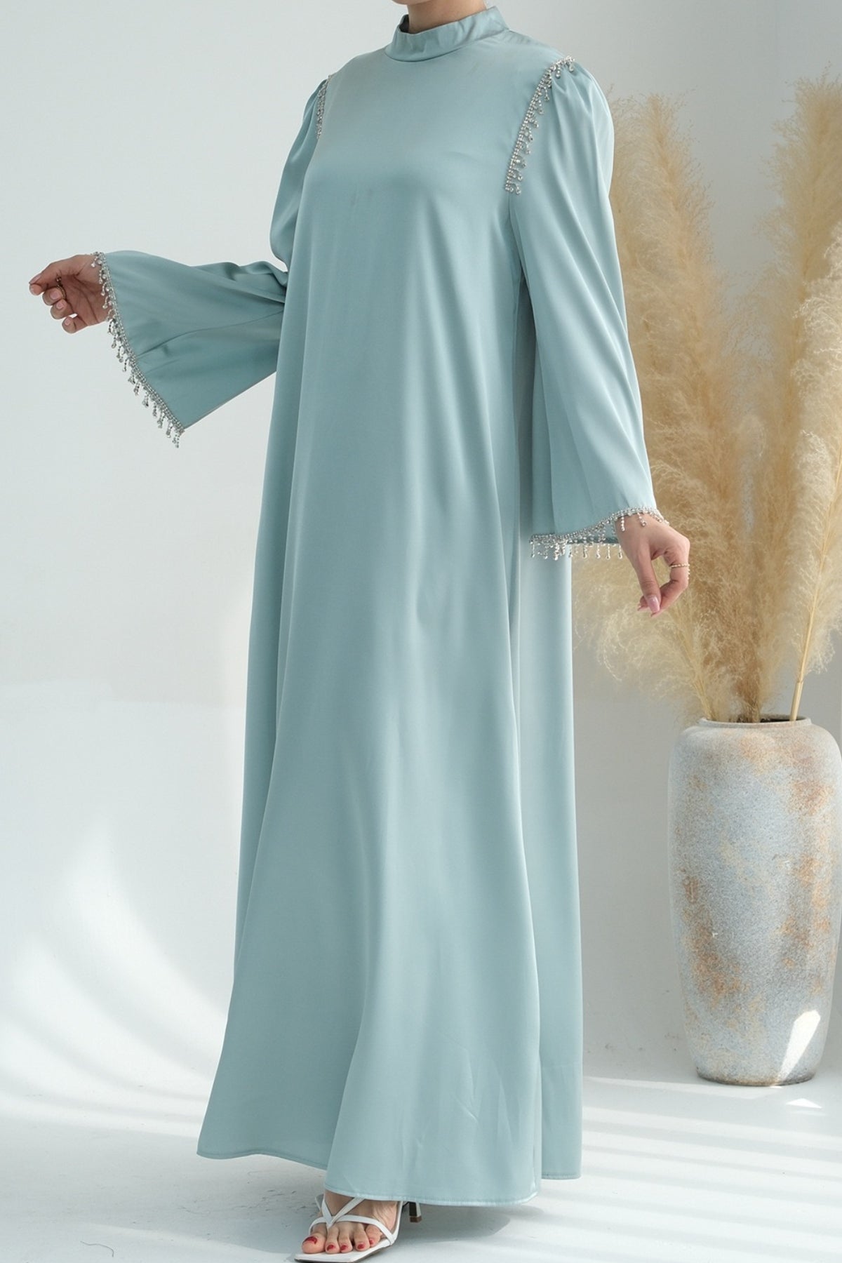 Yalina Crystal Beads Sleeves and Stand-up Collar Maxi Dress Abaya with belt 710 - Light Green