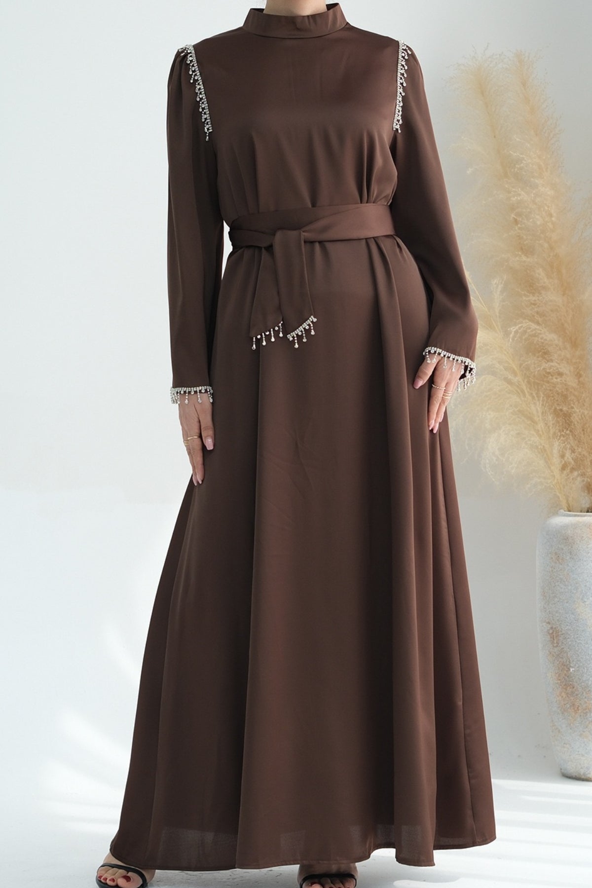 Yalina Crystal Beads Sleeves and Stand-up Collar Maxi Dress Abaya with belt 710 - Coffee