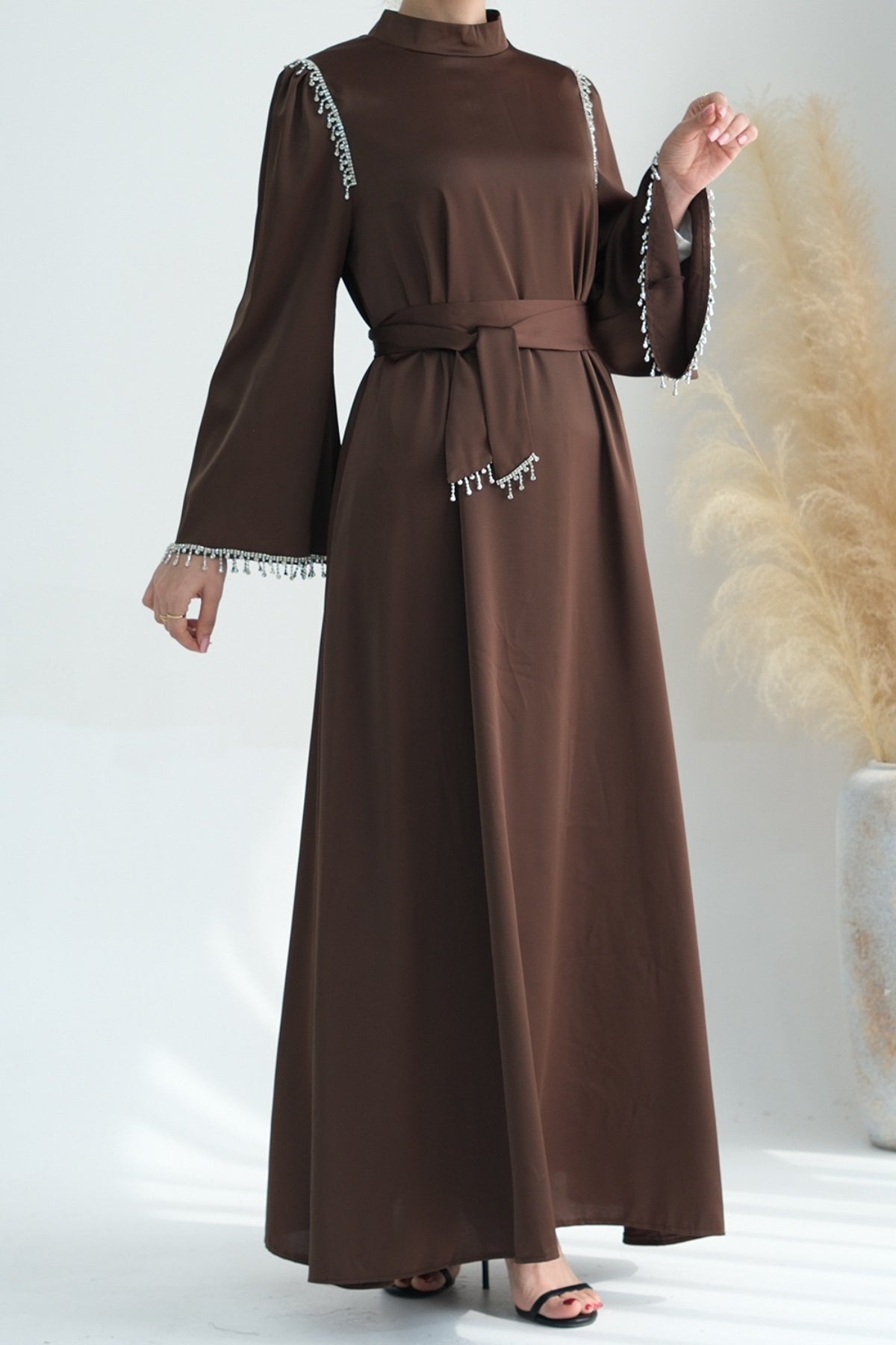 Yalina Crystal Beads Sleeves and Stand-up Collar Maxi Dress Abaya with belt 710 - Coffee