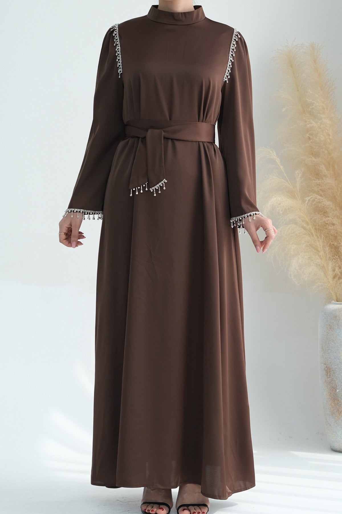 Yalina Crystal Beads Sleeves and Stand-up Collar Maxi Dress Abaya with belt 710 - Coffee