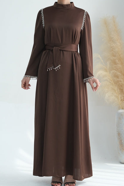 Yalina Crystal Beads Sleeves and Stand-up Collar Maxi Dress Abaya with belt 710 - Coffee