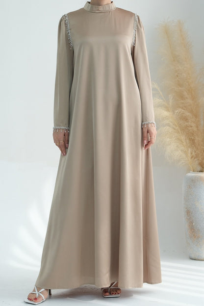 Yalina Crystal Beads Sleeves and Stand-up Collar Maxi Dress Abaya with belt 710 - Khaki