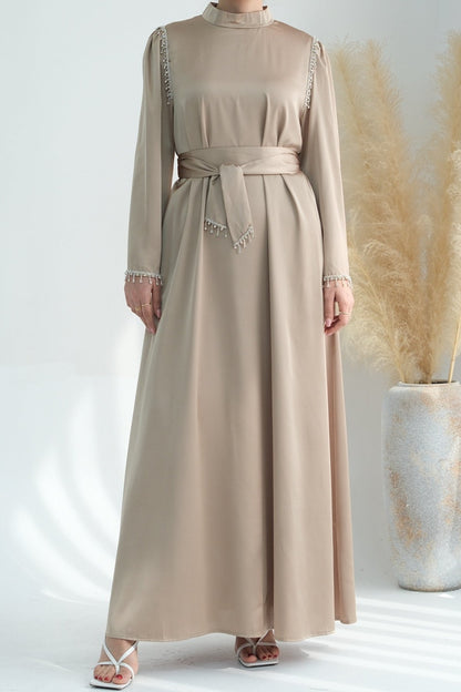 Yalina Crystal Beads Sleeves and Stand-up Collar Maxi Dress Abaya with belt 710 - Khaki