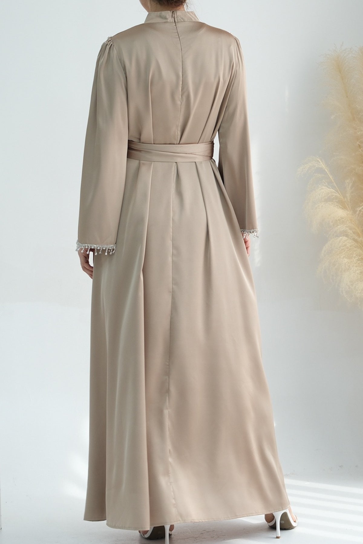 Yalina Crystal Beads Sleeves and Stand-up Collar Maxi Dress Abaya with belt 710 - Khaki