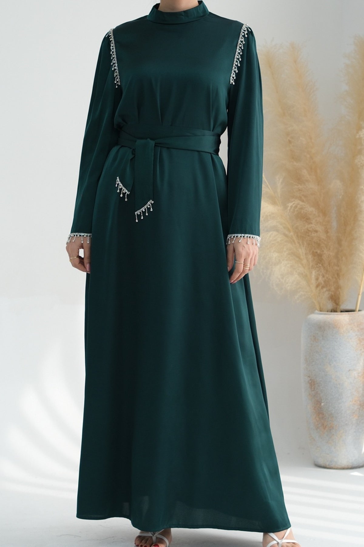 Yalina Crystal Beads Sleeves and Stand-up Collar Maxi Dress Abaya with belt 710 - Dark Green