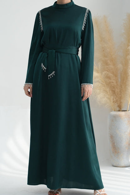 Yalina Crystal Beads Sleeves and Stand-up Collar Maxi Dress Abaya with belt 710 - Dark Green