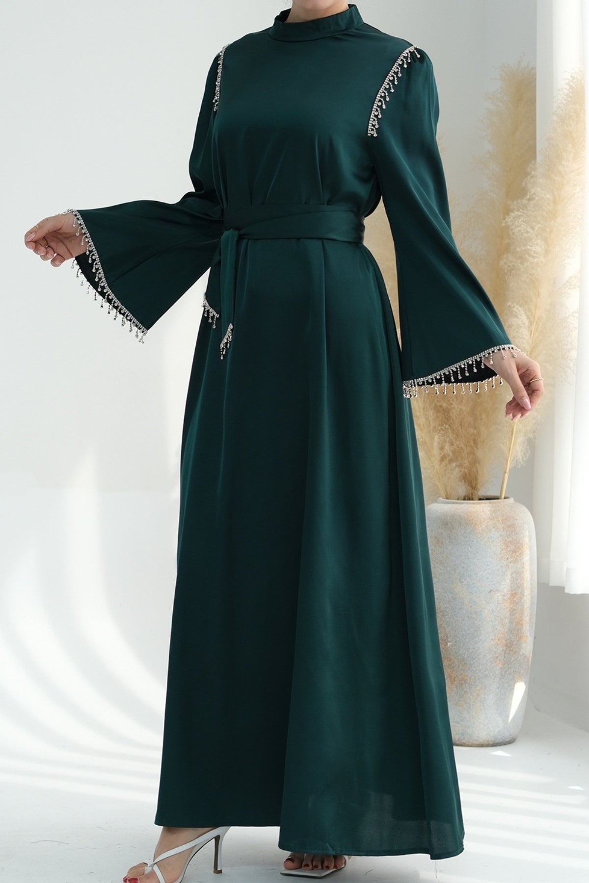 Yalina Crystal Beads Sleeves and Stand-up Collar Maxi Dress Abaya with belt 710 - Dark Green
