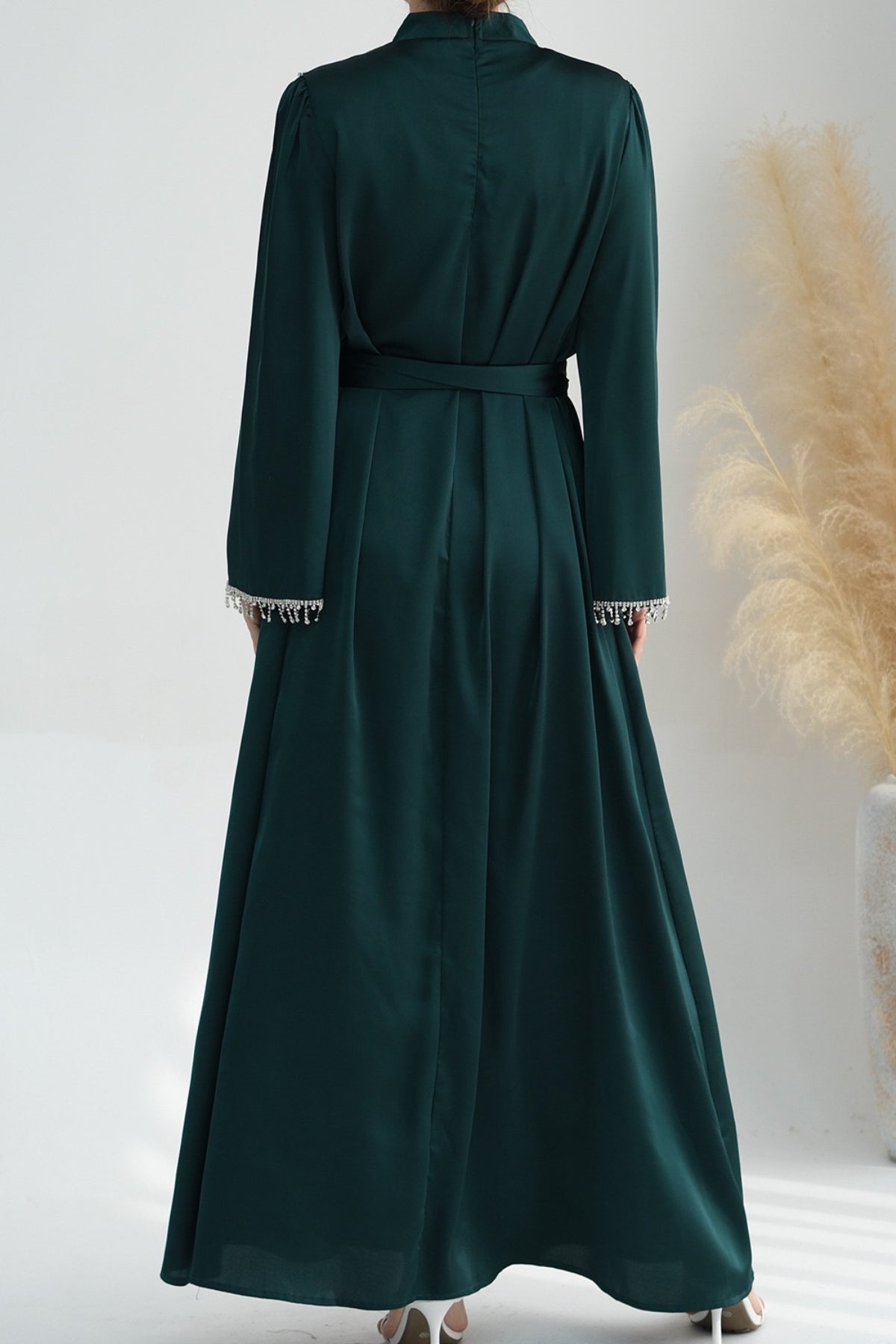 Yalina Crystal Beads Sleeves and Stand-up Collar Maxi Dress Abaya with belt 710 - Dark Green