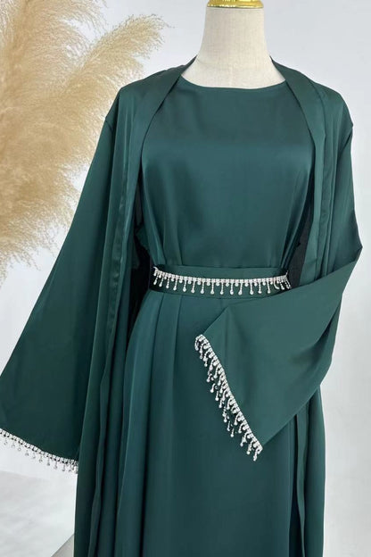 Luna 2PCS Crystal Beads Sleeves Satin Abaya Set with Crystal Chain - Dark Green