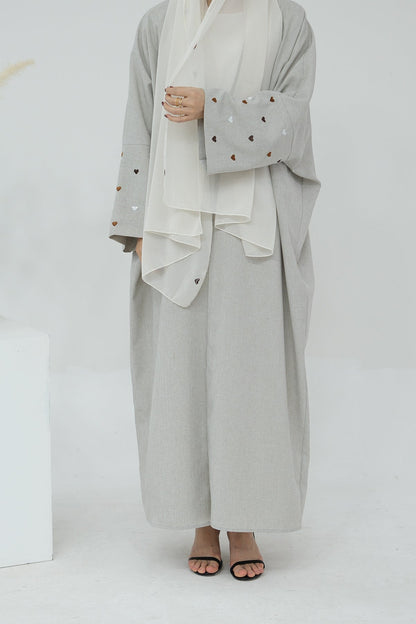 Hasna Heart Pattern Embroidery Linen Modest Open Abaya 712 - LightGray