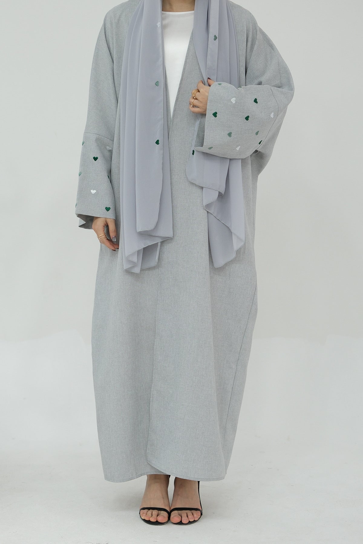 Hasna Heart Pattern Embroidery Linen Modest Open Abaya  712 - LightSteelBlue