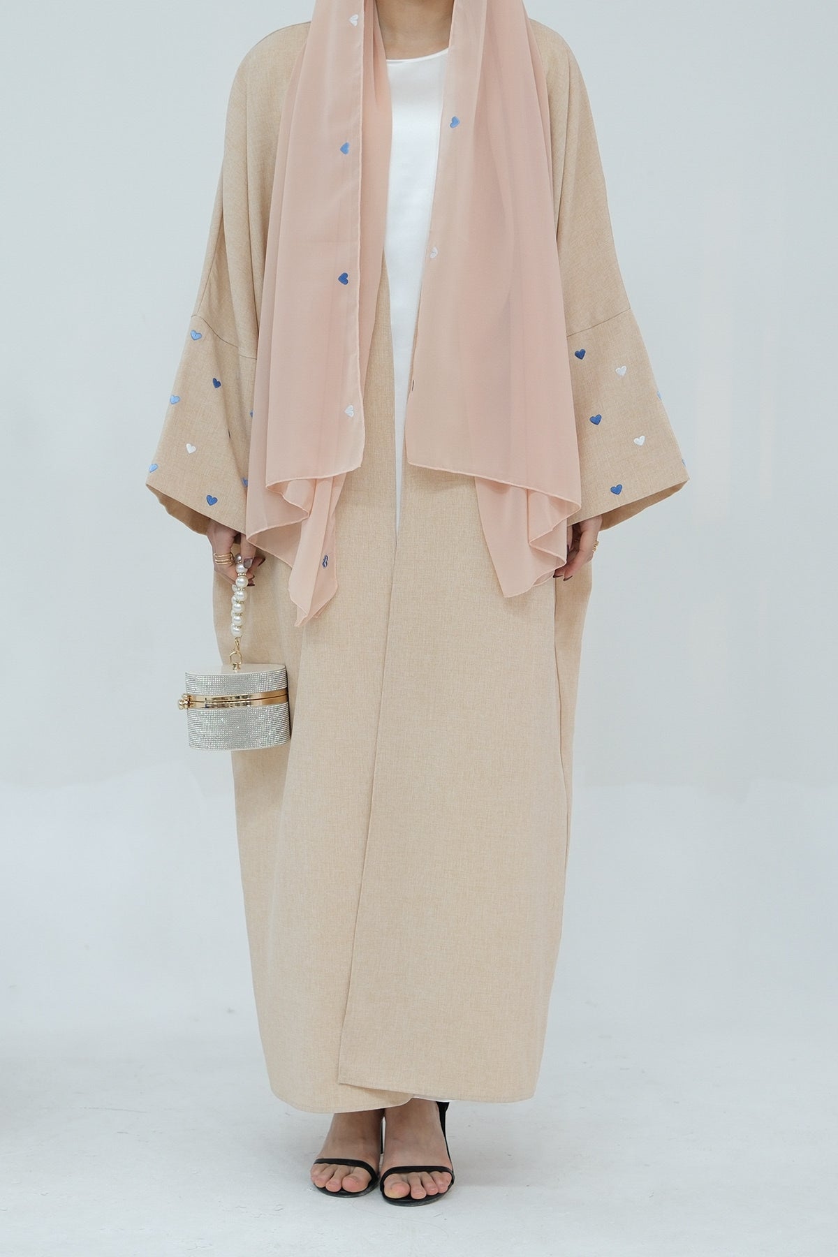 Hasna Heart Pattern Embroidery Linen Modest Open Abaya 712 - Khaki